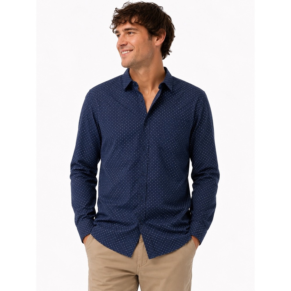 Eddie Bauer‎ Button Down Mens XL Navy Polka Dot Stretch Wrinkle Resistant Shirt
